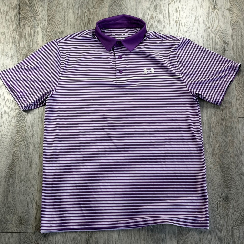 Under Armour Mens Playoff Polo Shirt Purple Striped Short Sleeve Golf Top LG